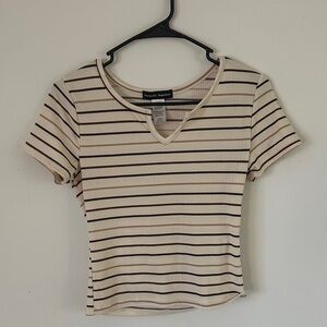 Forever 21 Cream and Black Striped V-Neck Tee